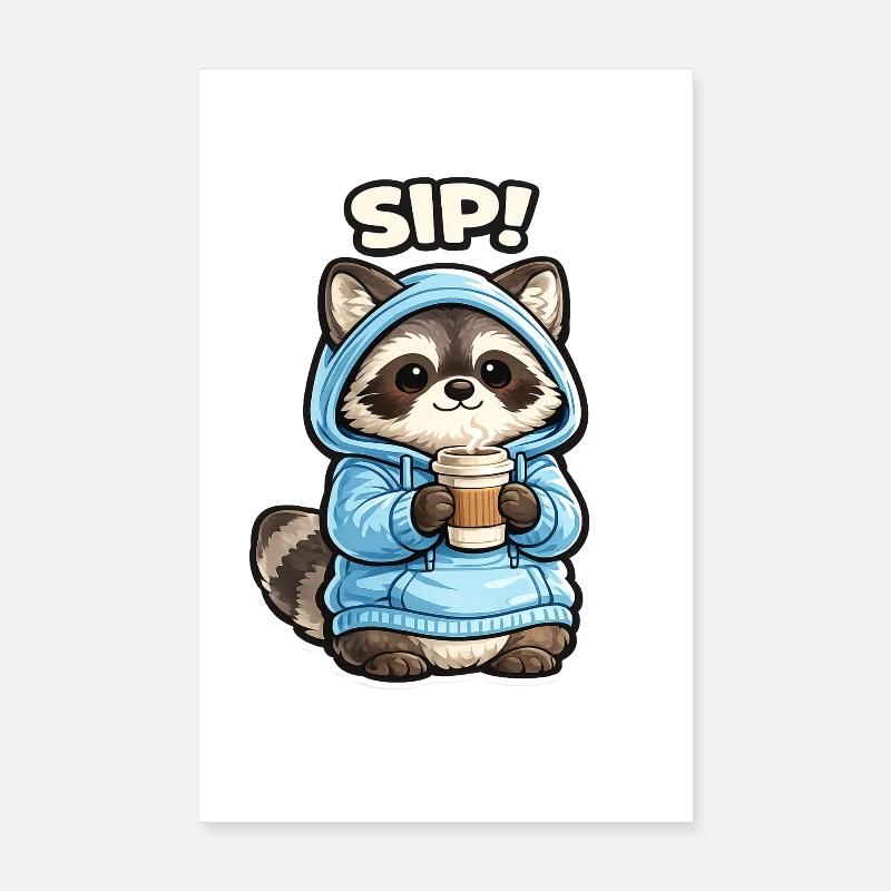 Raton laveur à capuche sirote son café Poster 20 x 30 cm