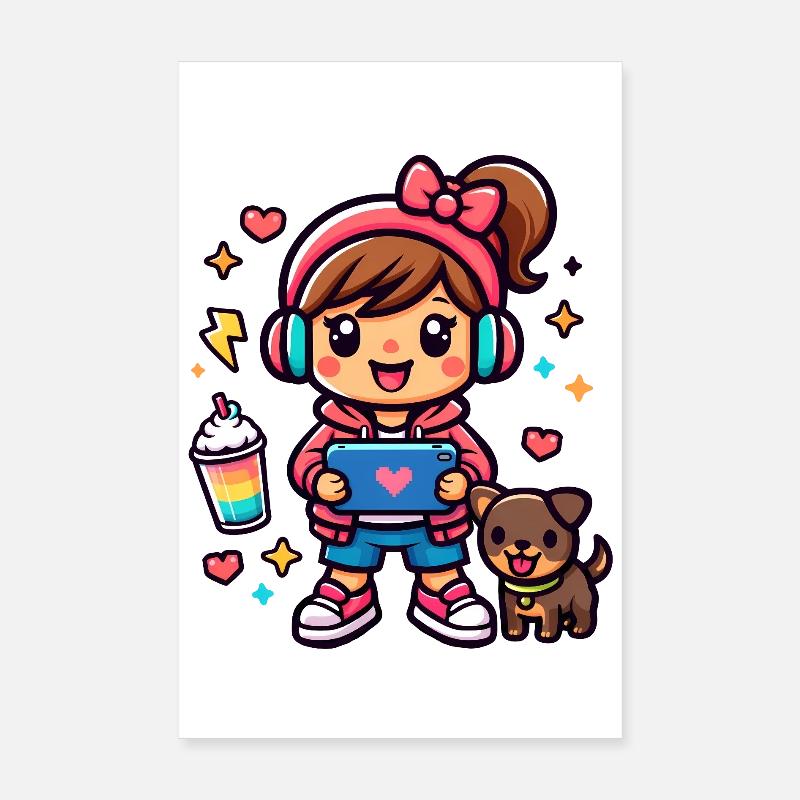 Fille Gamer Esthétique avec une tablette de surf et un chiot Poster 20 x 30 cm
