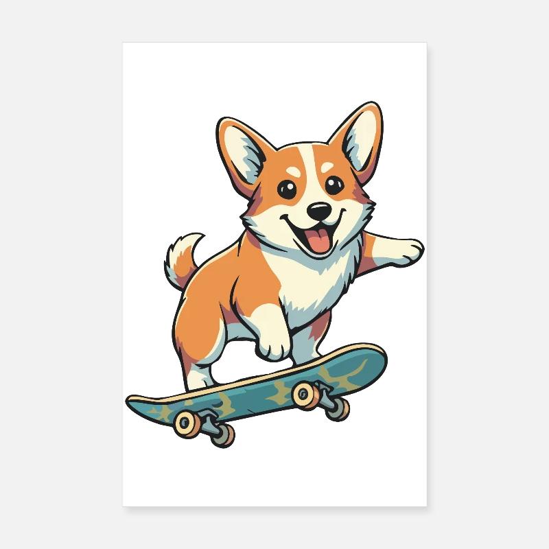 Corgi Skateboard Coloré Poster 20 x 30 cm