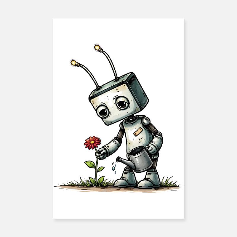 Robot arrosant une fleur Poster 20 x 30 cm