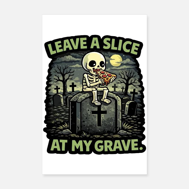 Squelette de pierre tombale mangeant une part de pizza sur la tombe Poster 20 x 30 cm