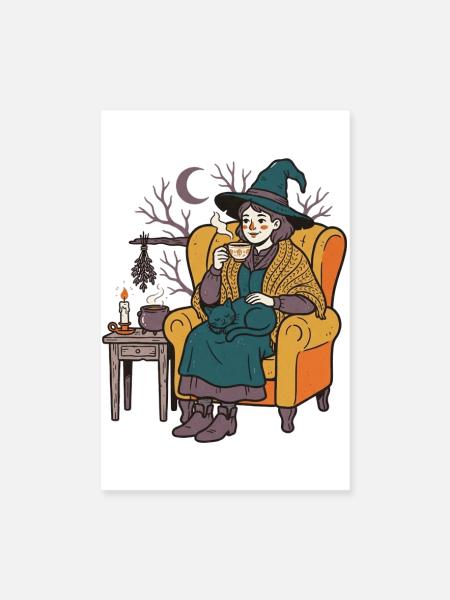 Die Hexe beim Tee mit ihrer Katze - Poster 20x30 cm - Weiß - Vorne