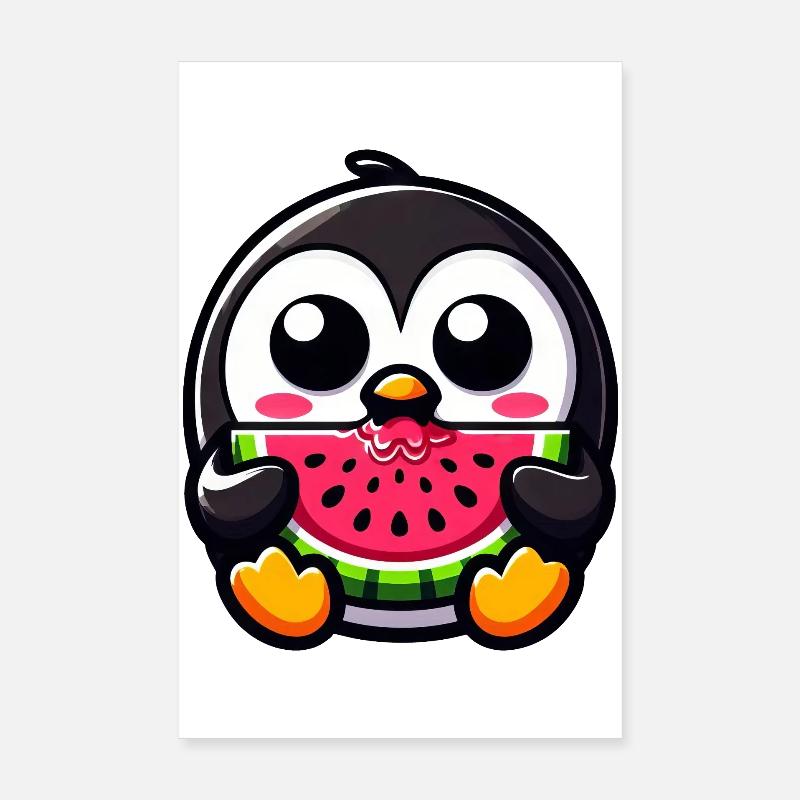 Pingouin mignon avec Melon Chibi Fruit Sweet Poster 20 x 30 cm