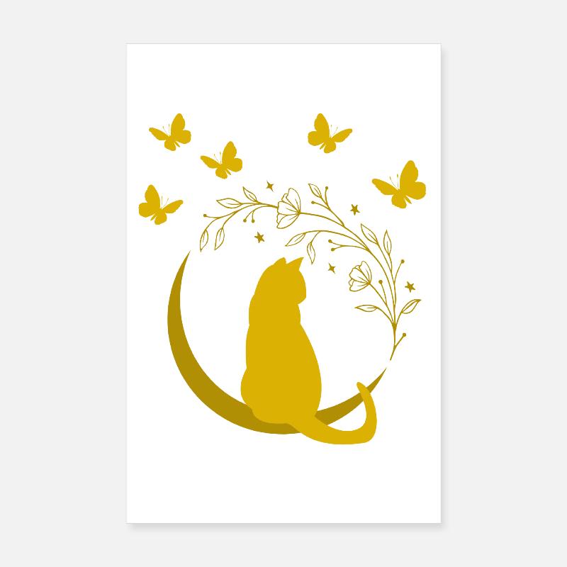 Golden Moon Cat with Flower Vine Poster 8" x 12" (20x30 cm)