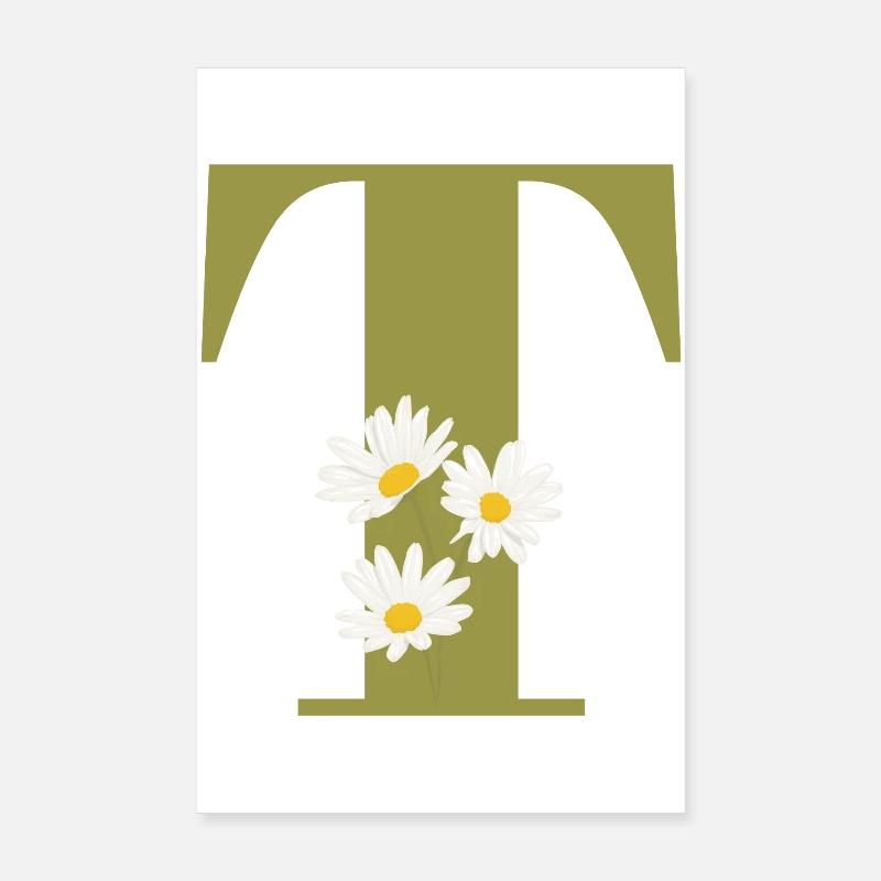 Lettre t vert marguerites Poster 20 x 30 cm
