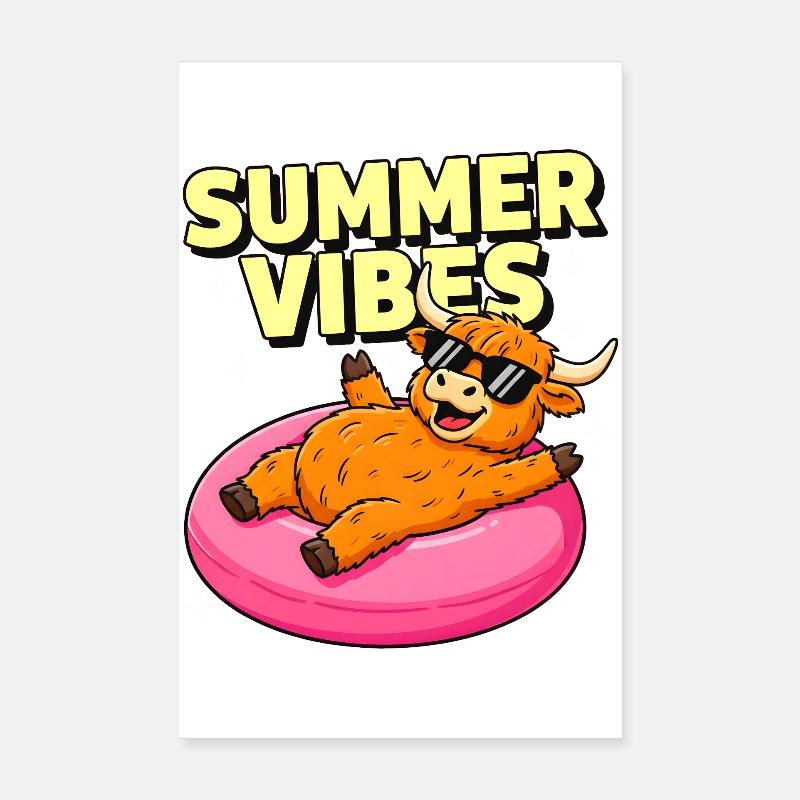 Vache des Highlands Summer Vibes sur Pink Float Poster 20 x 30 cm