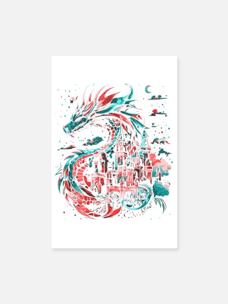 Château du Dragon Fantasy Mythologie Magique Créature - Poster 20 x 30 cm - blanc - Devant