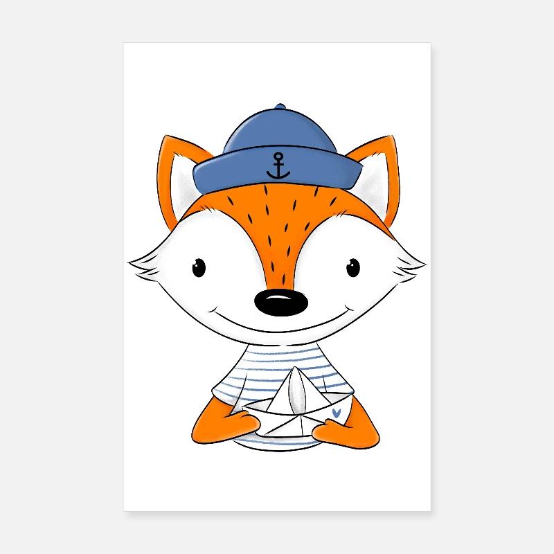 Matrosen Fuchs mit Papierboot - Poster 20x30 cm - Weiß