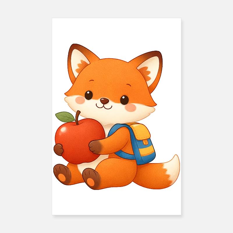 Cuddly fox with apple and backpack Poster 8" x 12" (20x30 cm)
