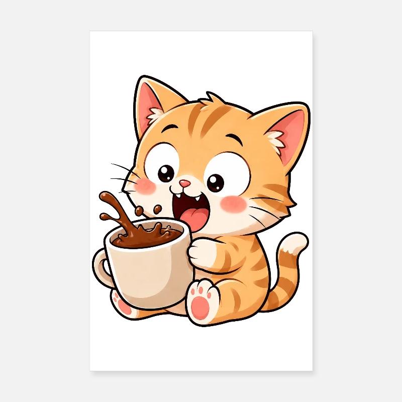 Cute Cat Coffee Coffee Lover Cartoon Funny Poster 8" x 12" (20x30 cm)