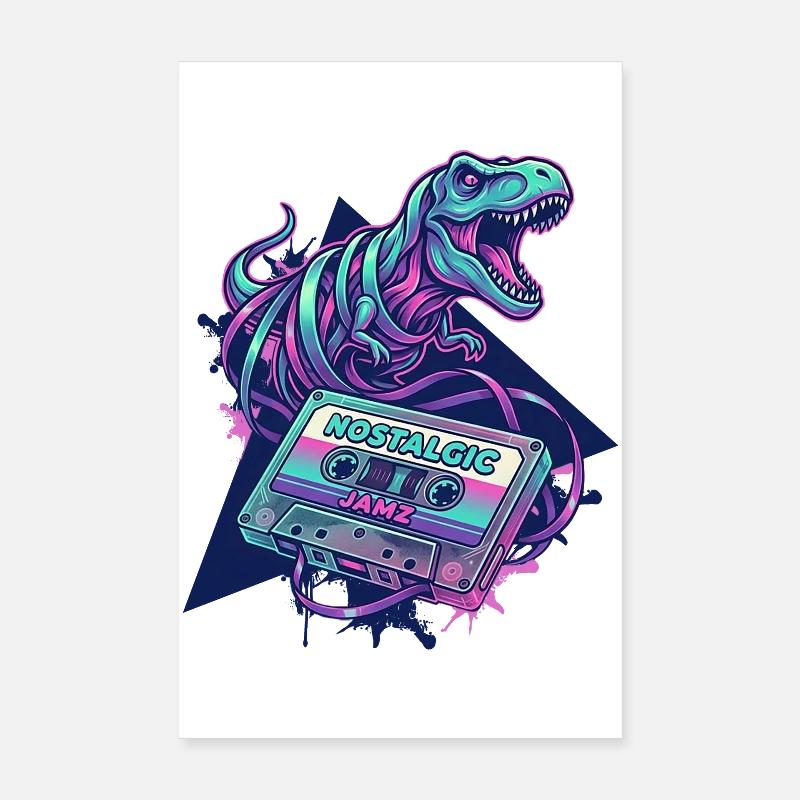 Dinosaure Cassette Nostalgique Neon Années 80/90 Poster 20 x 30 cm