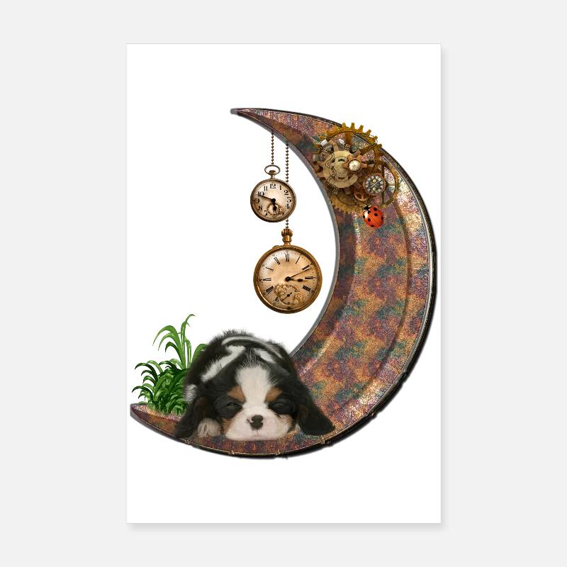 Steampunk-Mond mit Welpen Poster 20x30 cm