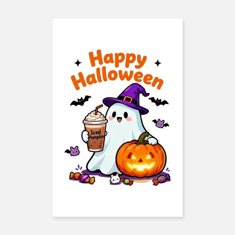 Lovely Ghost Coffee Hat Cartoon Halloween Ghost Poster 8" x 12" (20x30 cm)