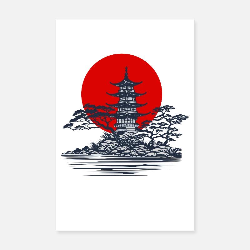 Pagode Silhouette mit roter Sonne Szene Poster 20x30 cm