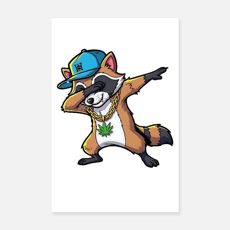 Dabbing Waschbär mit Hanfblatt Poster 20x30 cm
