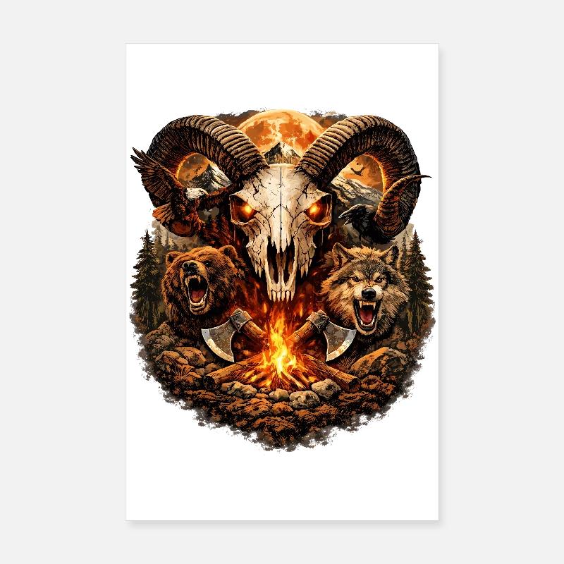 Crâne de Corne de Feu dans la meute de loups Poster 20 x 30 cm
