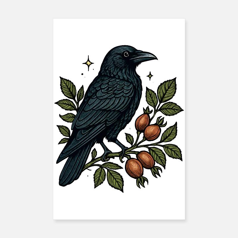 Night crow on berry vine Poster 8" x 12" (20x30 cm)
