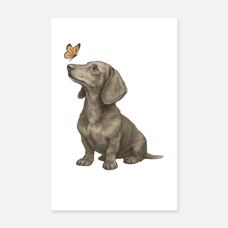 Teckel avec illustration vintage papillon Poster 20 x 30 cm