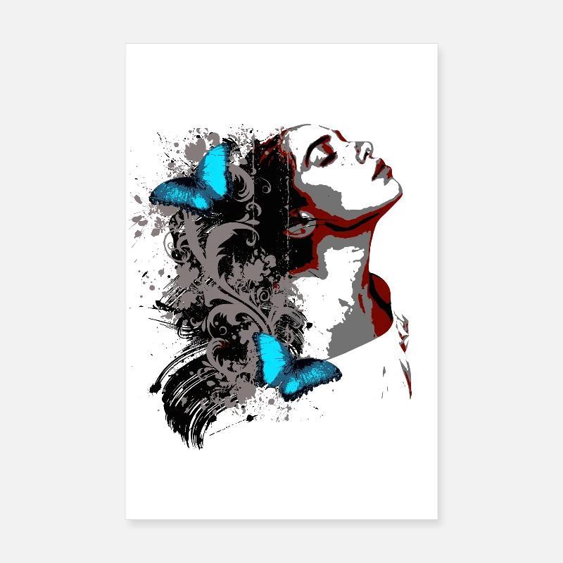 Florales Gesicht und blaue Schmetterlinge - Poster 20x30 cm - Weiß