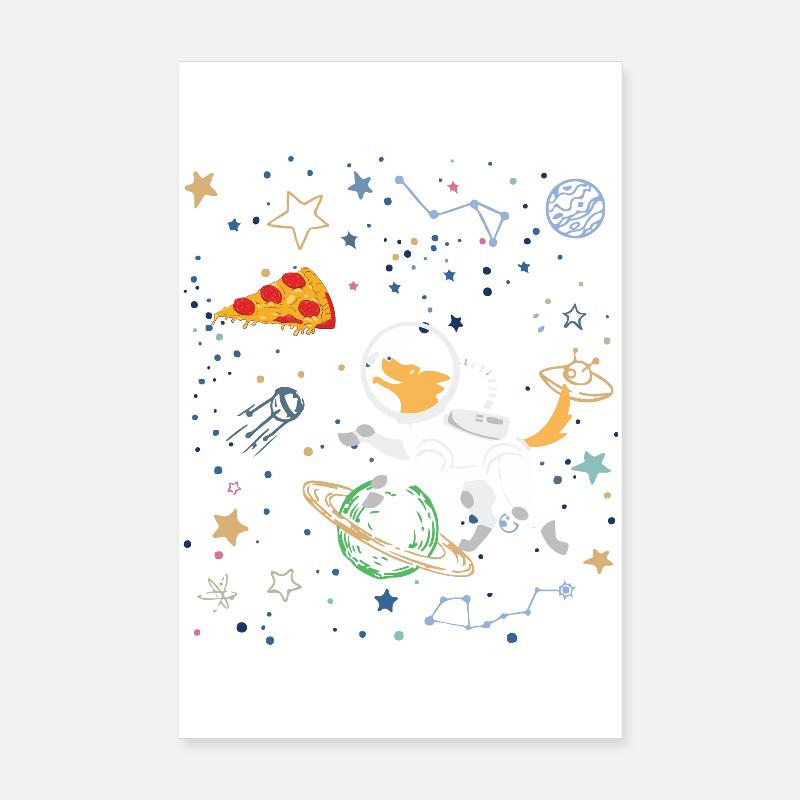 Astronaute de dessin animé avec l’espace et la pizza Poster 20 x 30 cm