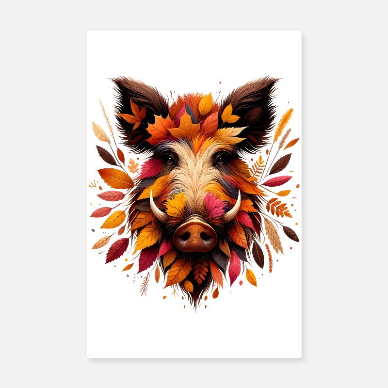 Wild boar, designed from different leaves Poster 8" x 12" (20x30 cm)