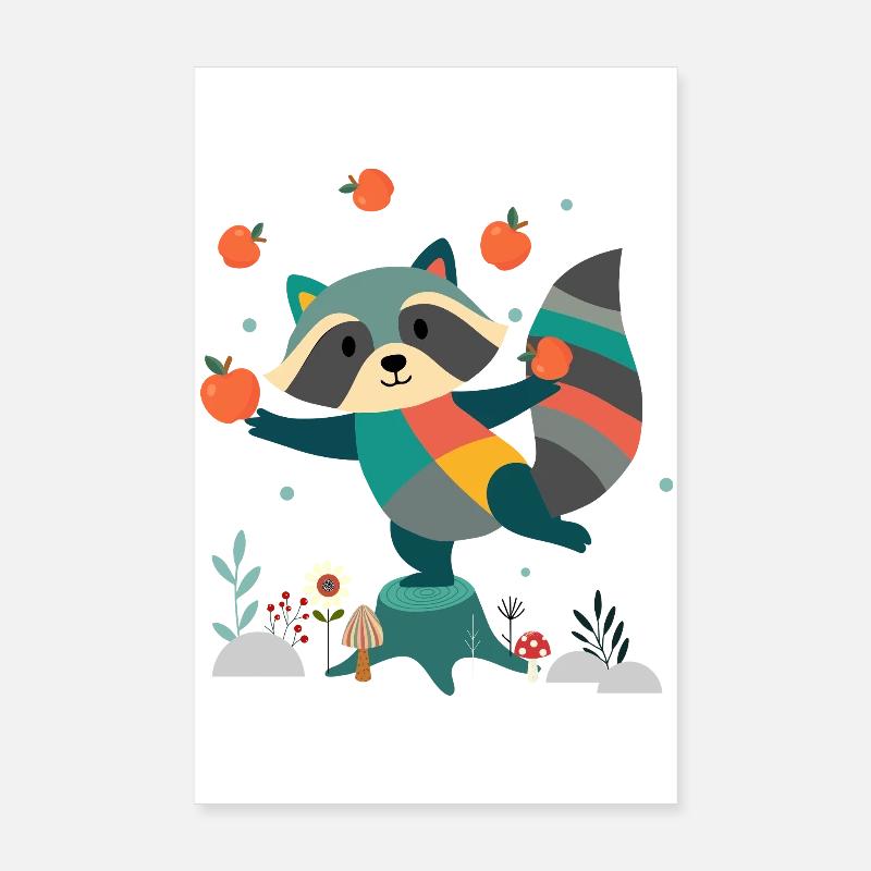 Playful raccoon happily juggling apples Poster 8" x 12" (20x30 cm)