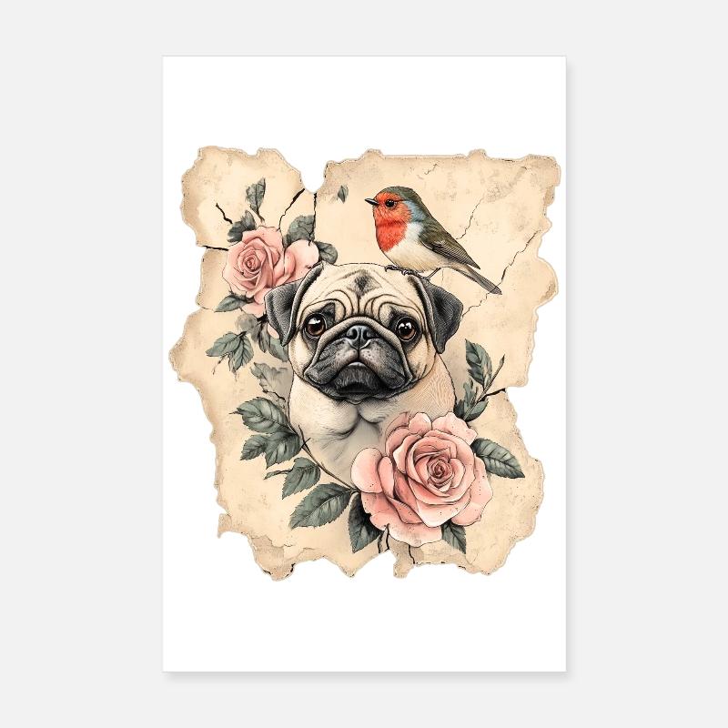 Mops und Vogel Poster 20x30 cm
