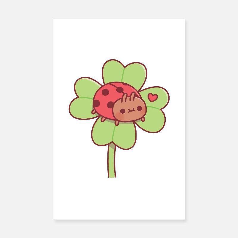 Süßes Little Ladybug auf Lucky Four Leaf Clover Poster 20x30 cm