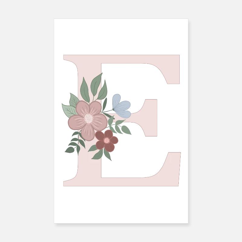 Lettre E avec fleur rose Poster 20 x 30 cm