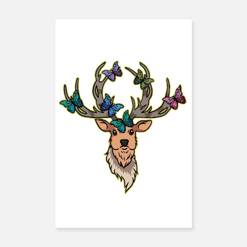 Deer Butterflies Deer Head Spring Poster 8" x 12" (20x30 cm)