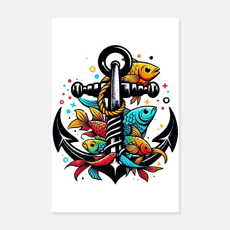 Une ancre avec des poissons Poster 20 x 30 cm
