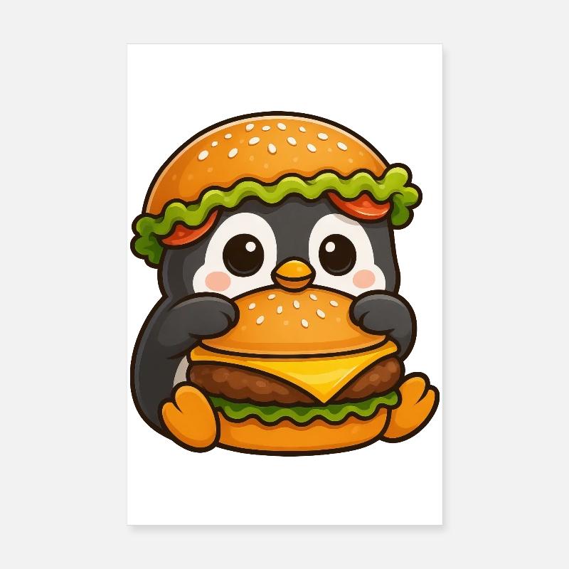 Süßer Pinguin mit Hamburger Cheeseburger Fast Food Poster 20x30 cm