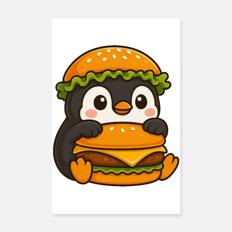Cute Penguin with Hamburger Cheeseburger Fast Poster 8" x 12" (20x30 cm)