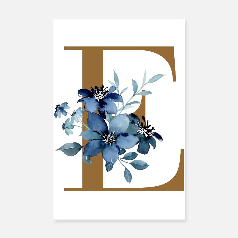 E floral – Lettre dorée avec des fleurs Poster 20 x 30 cm