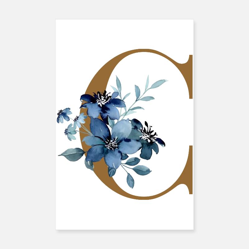 Floral C – Lettre dorée avec des fleurs Poster 20 x 30 cm