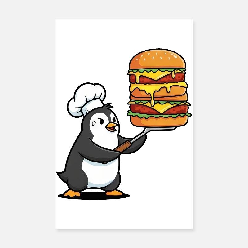 Pingouin mignon transpirant avec des grillades de barbecue de hamburger Poster 20 x 30 cm
