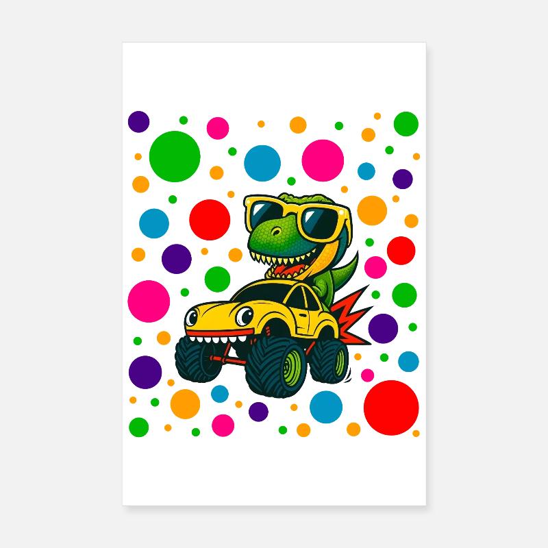 Dino Driver in Neon Dots Poster 8" x 12" (20x30 cm)