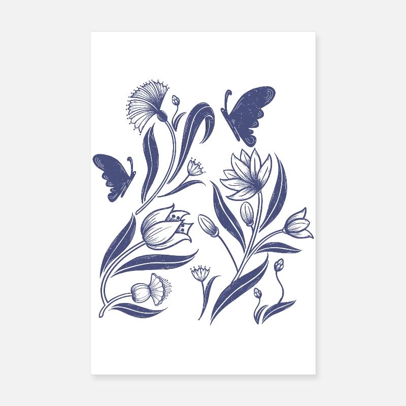 Blue floral pattern in folk art style Poster 8" x 12" (20x30 cm)