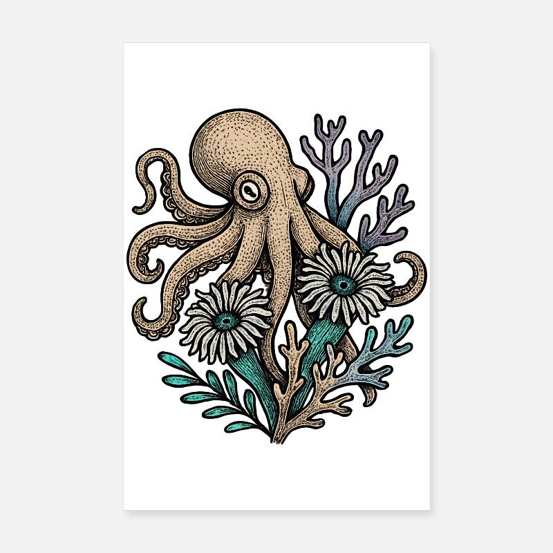 Pieuvre sous-marine avec des fleurs Poster 20 x 30 cm