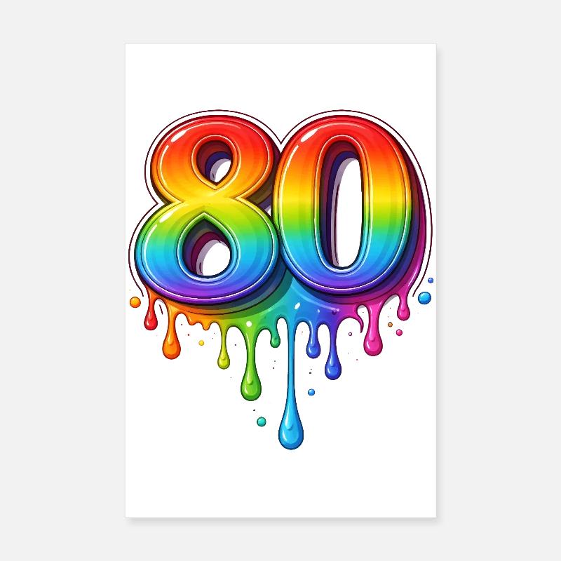 80 Regenbogen Retro Zahl   Poster 20x30 cm