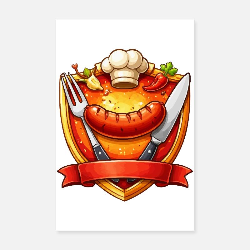 Gegrillte Wurst auf rotem Teller Schild Poster 20x30 cm