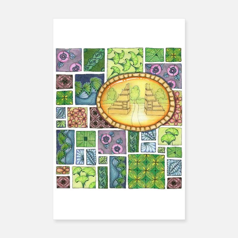 Bali temple on pattern patchwork Poster 20x30 cm