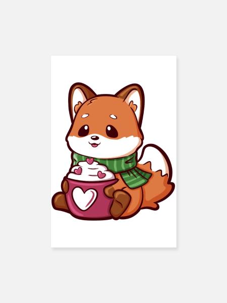 Renard câlin avec une tasse et une écharpe en forme de cœur - Poster 20 x 30 cm - blanc - Devant