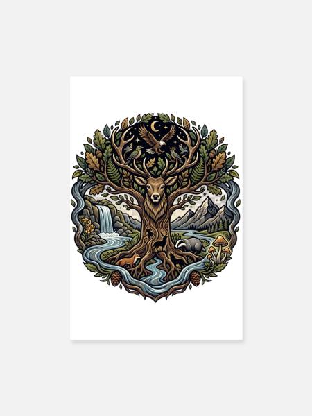 Cerfs de la forêt lunaire avec paysage fluvial - Poster 20 x 30 cm - blanc - Devant