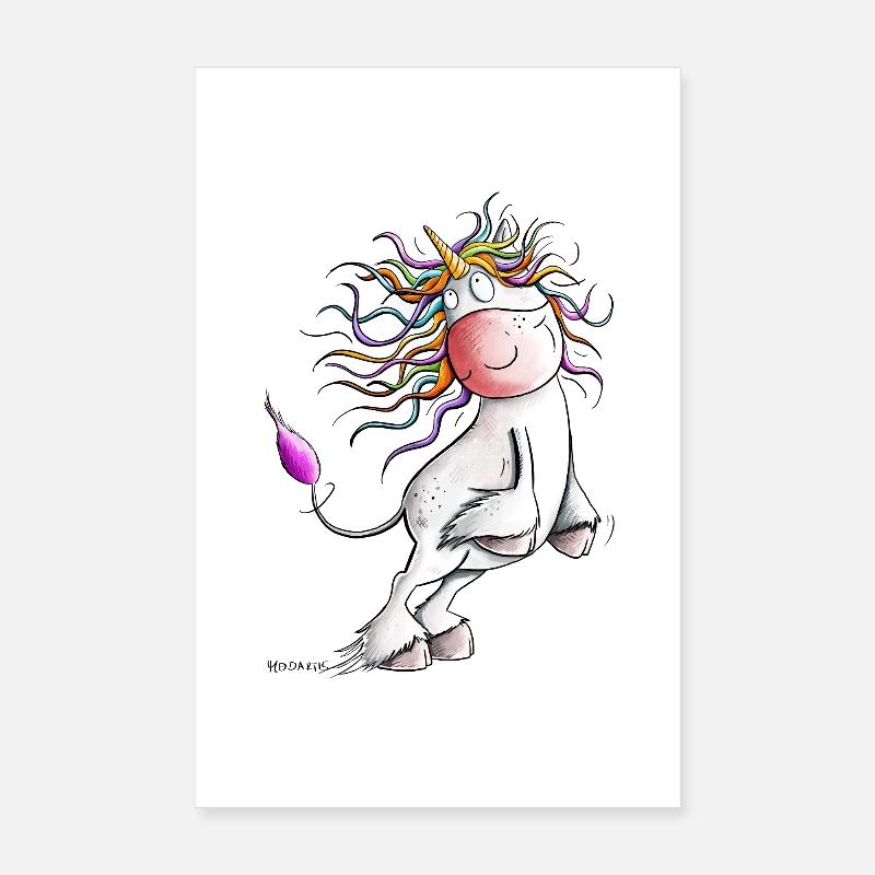 Drolliges Regenbogen Einhorn I Comic Fantasy - Poster 20x30 cm - Weiß