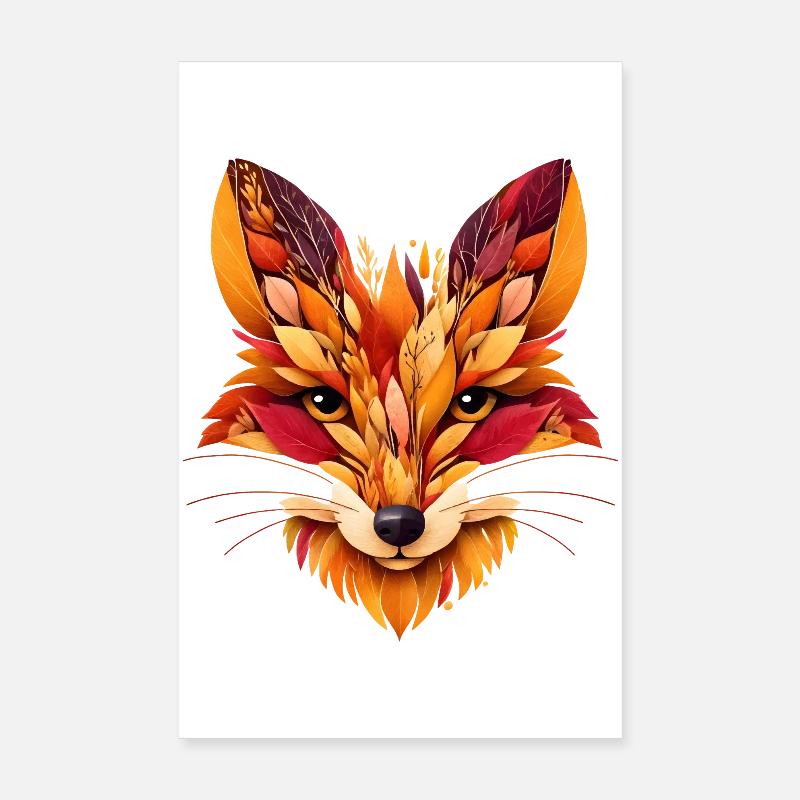 Tête de renard conçue à partir de différentes feuilles Poster 20 x 30 cm