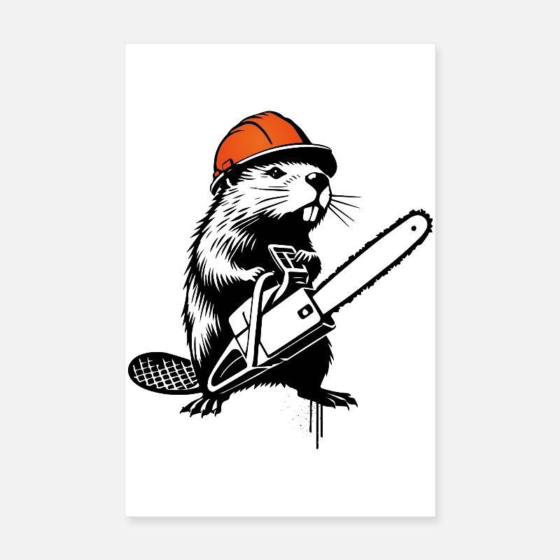 Beaver with Chainsaw – Humorous Stencil Design Poster 8" x 12" (20x30 cm)