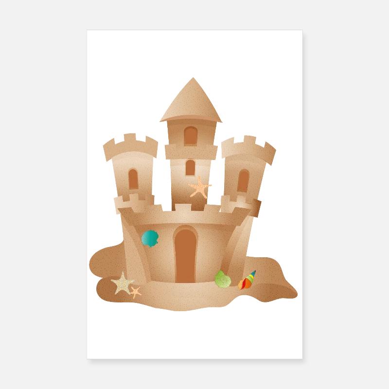 Château de sable avec coquillages et étoiles de mer sur la plage Poster 20 x 30 cm