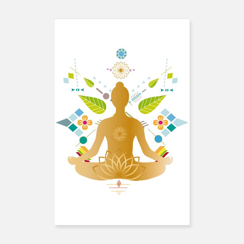 Silhouette de yoga dorée avec des éléments colorés Poster 20 x 30 cm
