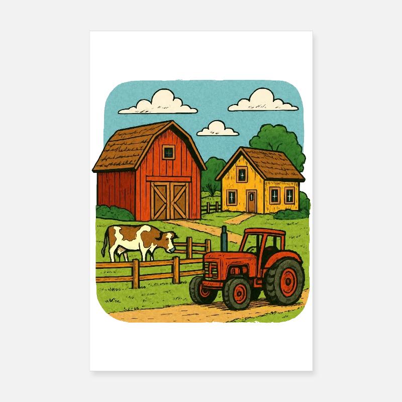 Ländliche Farm mit rotem Traktor Poster 20x30 cm